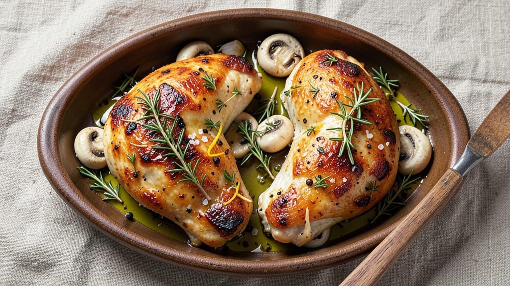 Baked Chicken Thighs With Mushrooms Recipe: Savory Herb Crust and Umami-Rich Pan Sauce