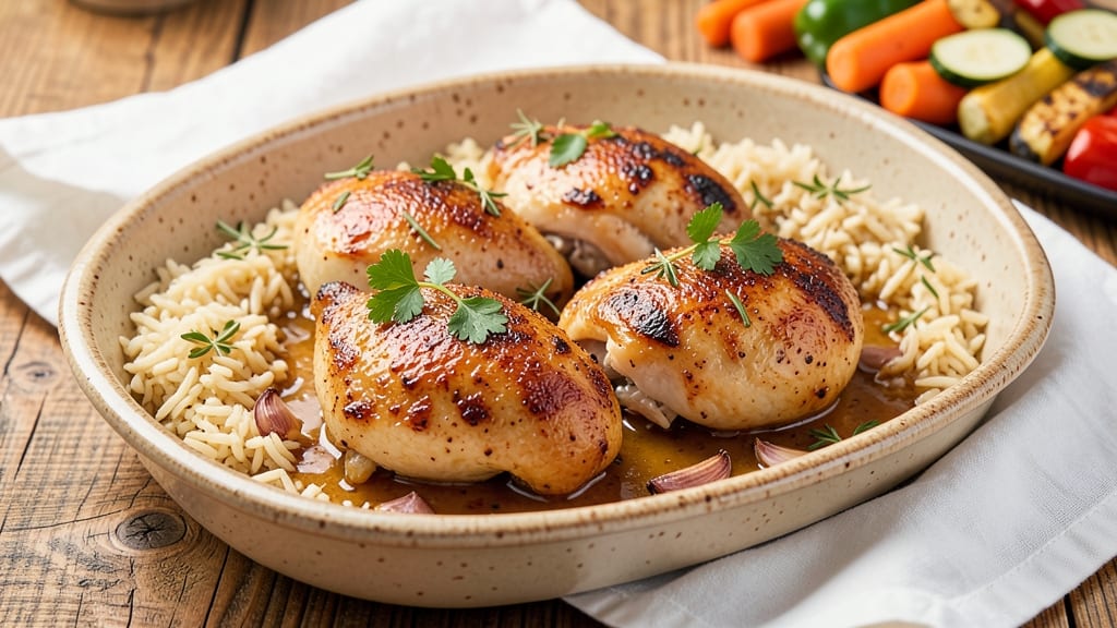 Baked Chicken Quarters and Rice Recipe: One-Pan Golden Crisp and Fluffy