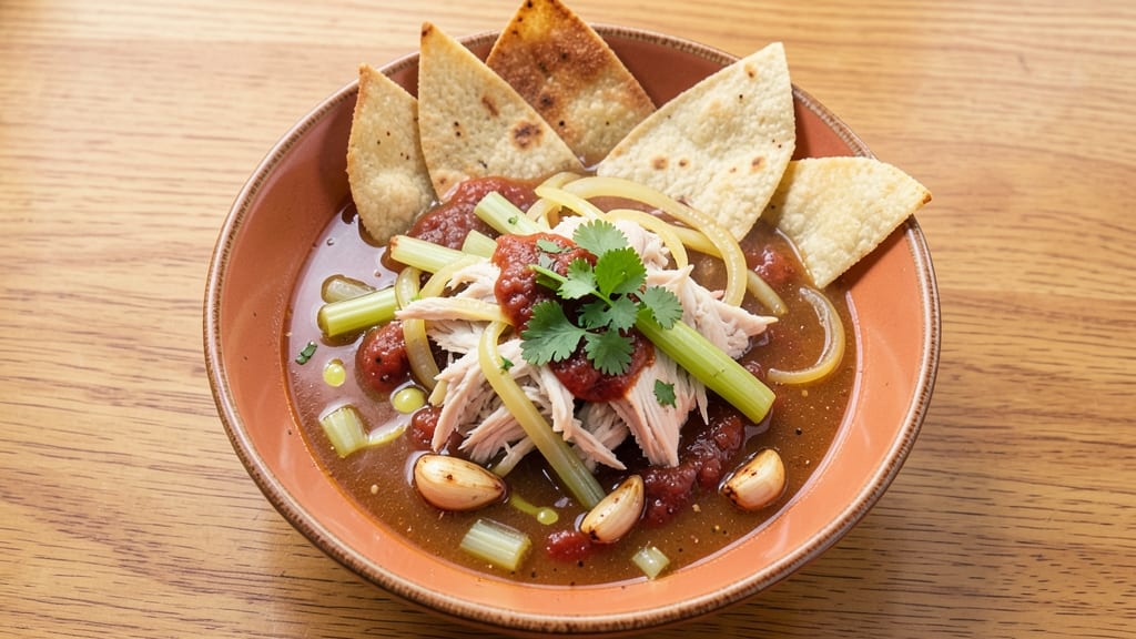 Copycat McAlister's Chicken Tortilla Soup Recipe: Crispy Celery Crown Over Zesty Tomato Base