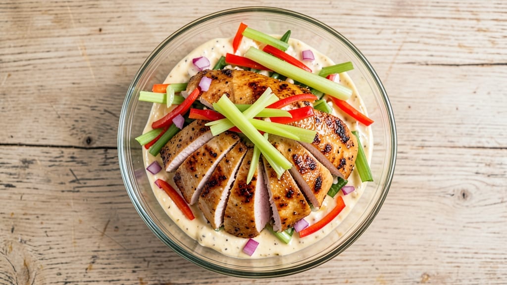Copycat Sam's Club Chicken Salad Recipe: Crispy Celery Crown Over Ultra-Smooth Vanilla Cream