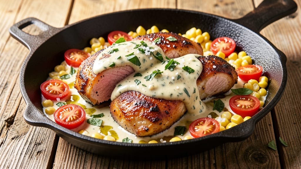 Creamy Basil Chicken Skillet With Corn and Tomato Recipe: One-Pan Herb-Infused Harmony