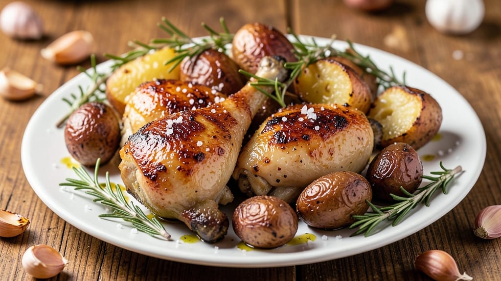Oven Baked Chicken Thighs With Potatoes Recipe: Crispy-Skinned Roast With Herbed Spuds